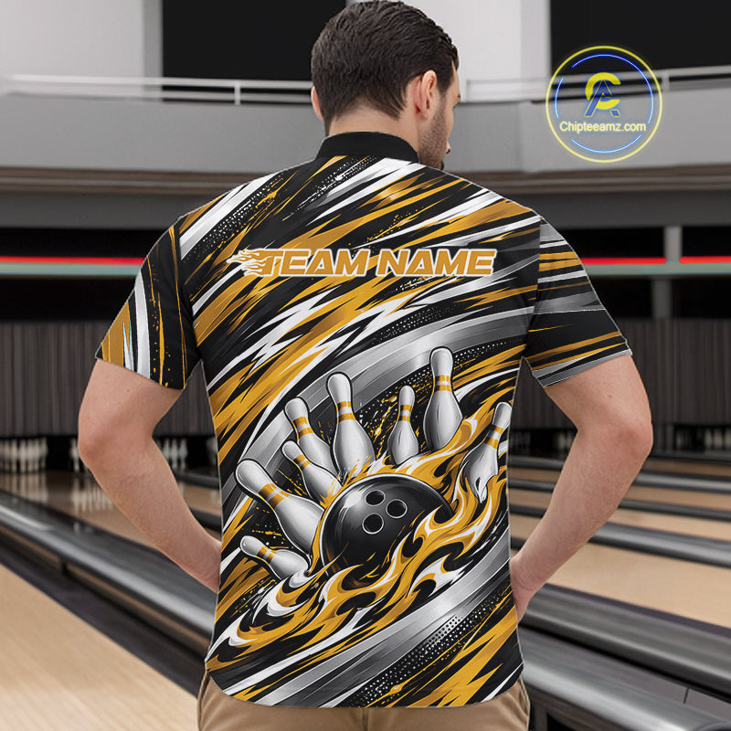 Custom Black And Gold Flame Bowling Shirt, Bowling Team Jersey Quarter Zip Shirt