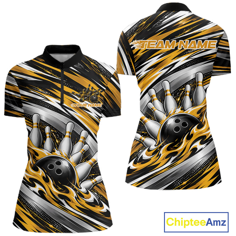Custom Black And Gold Flame Bowling Shirt, Bowling Jersey Quarter-Zip Shirt