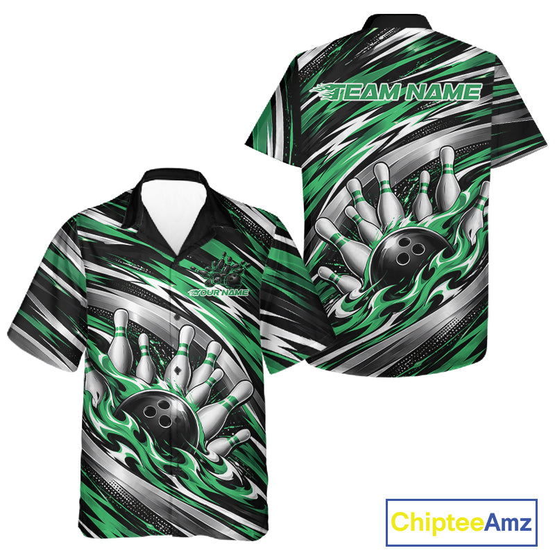 Custom Black And Green Flame Bowling Shirt And, Bowling Team Jersey Button Up Shirt