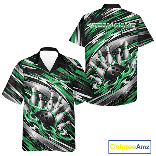 Custom Black And Green Flame Bowling Shirt And, Bowling Team Jersey Button Up Shirt