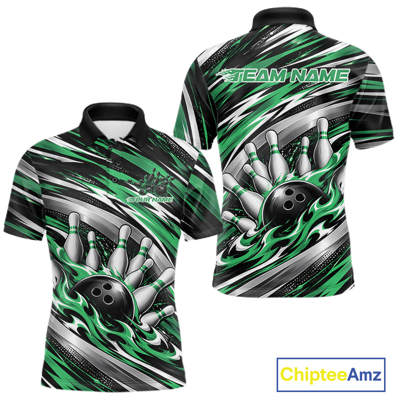 Custom Black And Green Flame Bowling Shirt, Bowling Team Jersey Polo Shirt