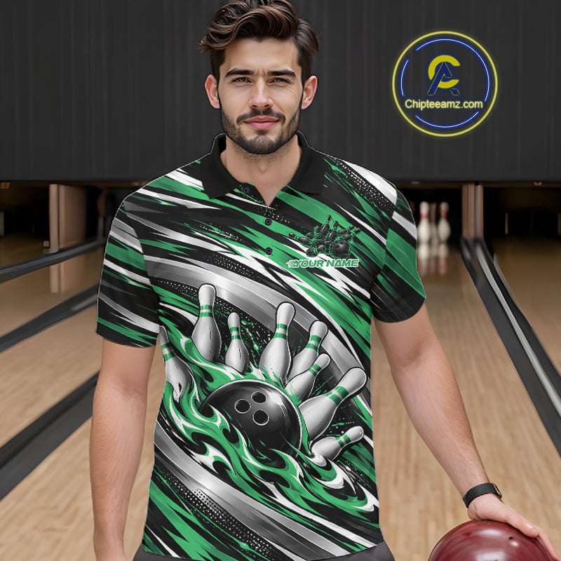 Custom Black And Green Flame Bowling Shirt, Bowling Team Jersey Polo Shirt
