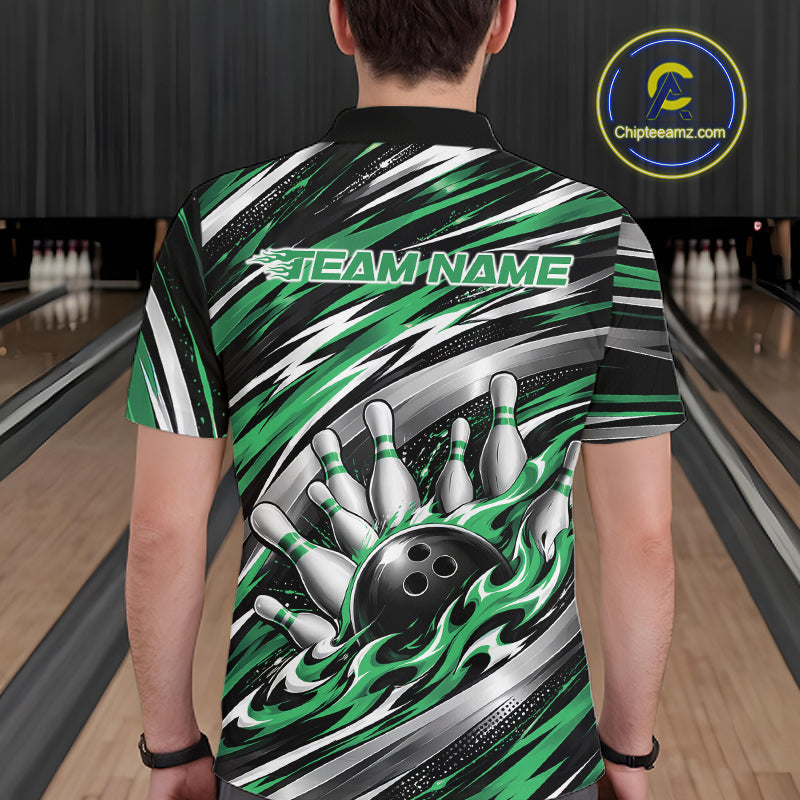 Custom Black And Green Flame Bowling Shirt, Bowling Team Jersey Polo Shirt