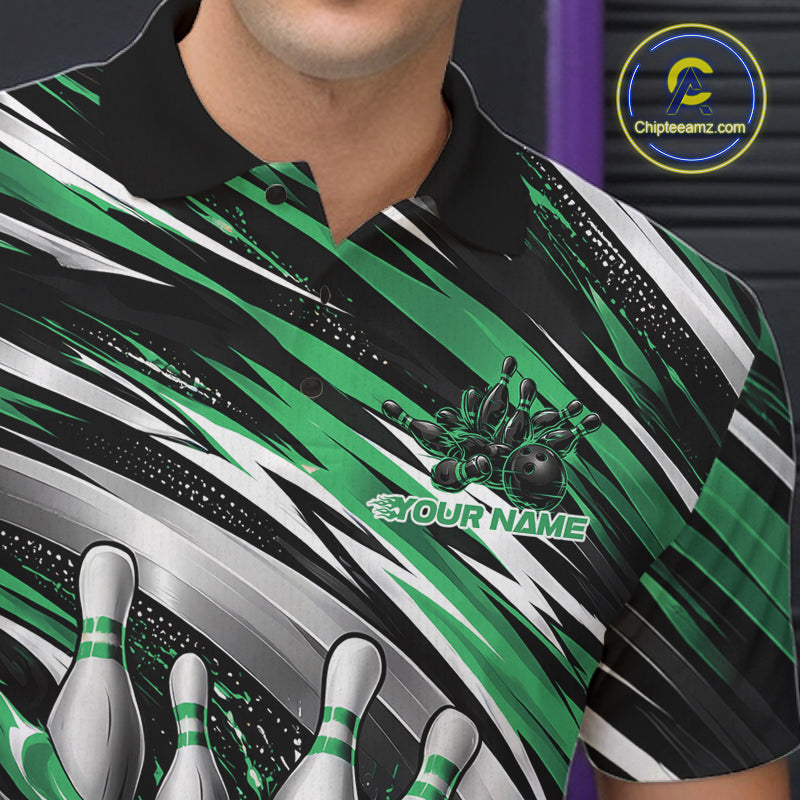 Custom Black And Green Flame Bowling Shirt, Bowling Team Jersey Polo Shirt