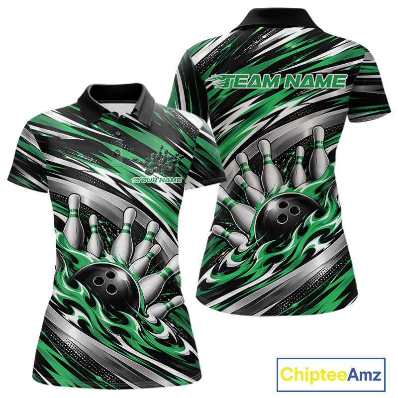 Custom Black And Green Flame Bowling Shirt, Bowling Team Jersey Polo Shirt