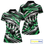 Custom Black And Green Flame Bowling Shirt, Bowling Team Jersey Polo Shirt