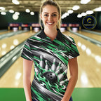 Custom Black And Green Flame Bowling Shirt, Bowling Team Jersey Polo Shirt