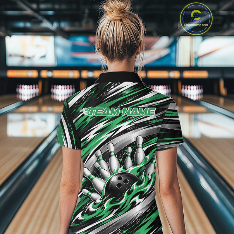 Custom Black And Green Flame Bowling Shirt, Bowling Team Jersey Polo Shirt