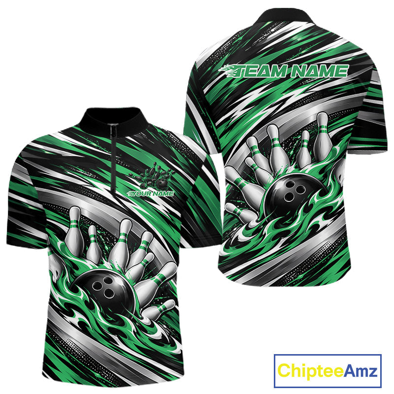 Custom Black And Green Flame Bowling Shirt, Bowling Team Jersey Quarter Zip Shirt