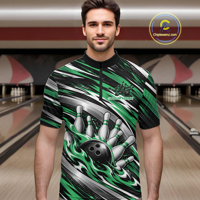 Custom Black And Green Flame Bowling Shirt, Bowling Team Jersey Quarter Zip Shirt