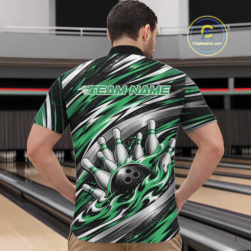 Custom Black And Green Flame Bowling Shirt, Bowling Team Jersey Quarter Zip Shirt