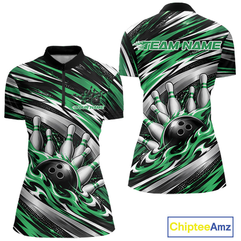 Custom Black And Green Flame Bowling Shirt, Bowling Team Jersey Shirt