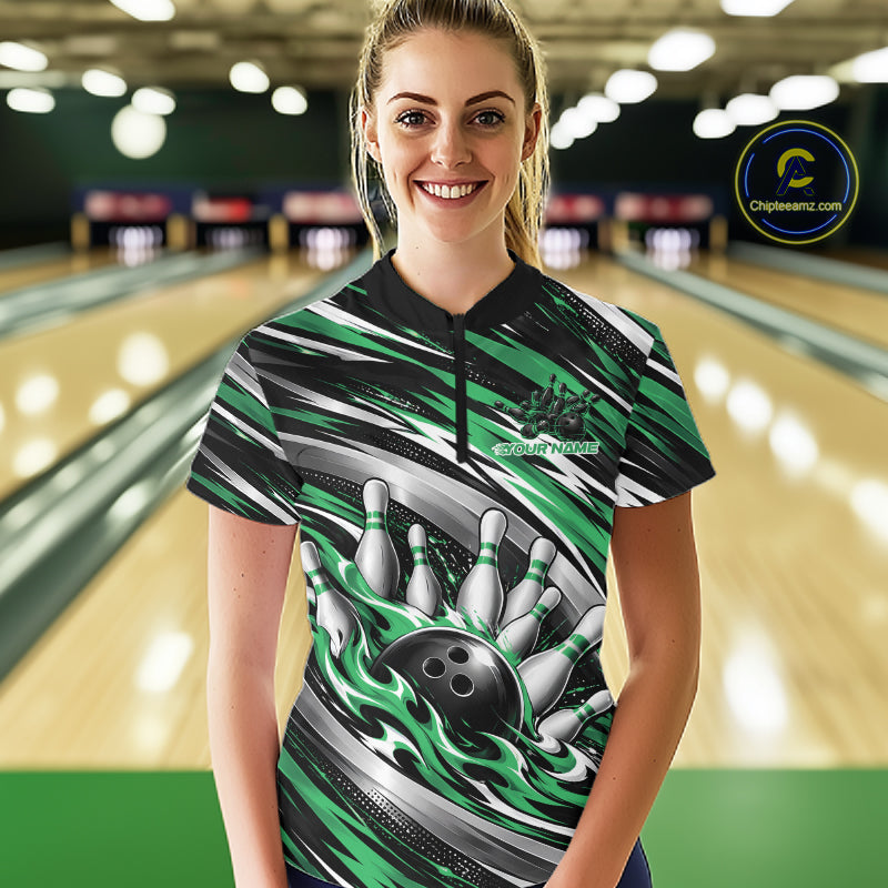 Custom Black And Green Flame Bowling Shirt, Bowling Team Jersey Shirt