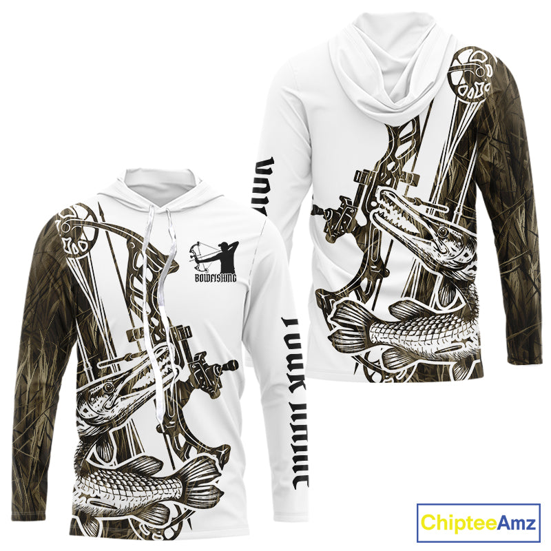 Custom Grass Camo Alligator Gar Bowfishing Long Sleeve Hooded Tournament Shirts, Bow Fishing Shirt