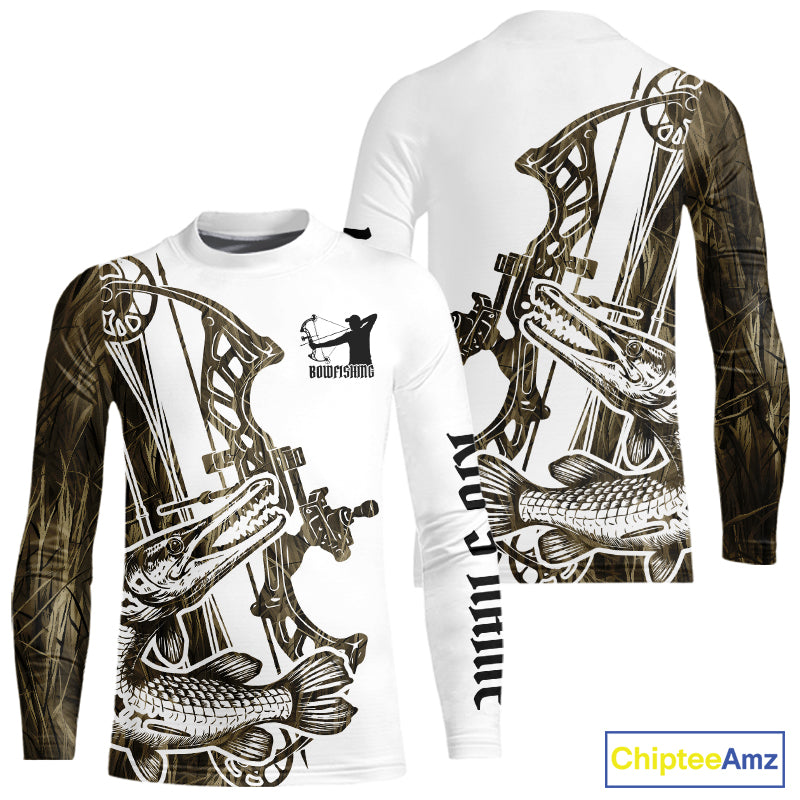 Custom Grass Camo Alligator Gar Bowfishing Long Sleeve Tournament Shirts, Bow Fishing Shirt