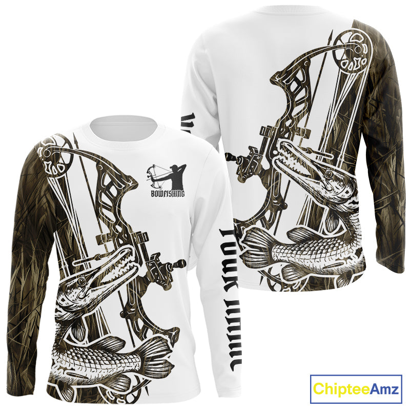 Custom Grass Camo Alligator Gar Bowfishing Long Sleeve Tournament Shirts, Bow Fishing Shirt