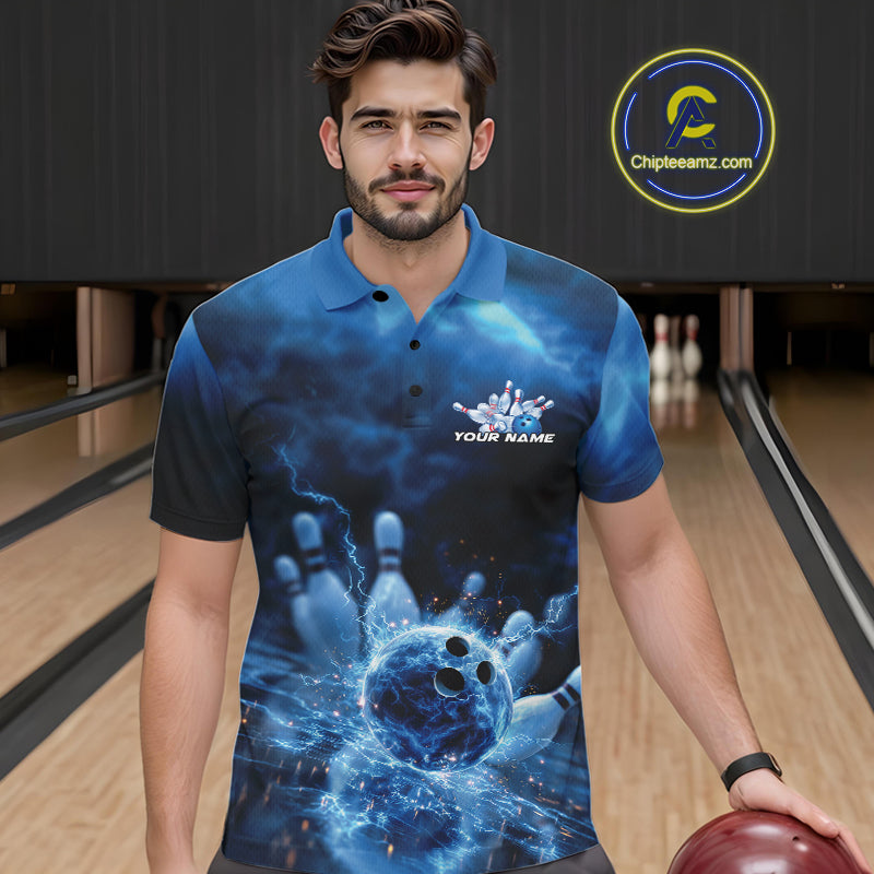 Custom Blue Thunder Lightning Bowling Team Polo Shirts, Bowling Jerseys
