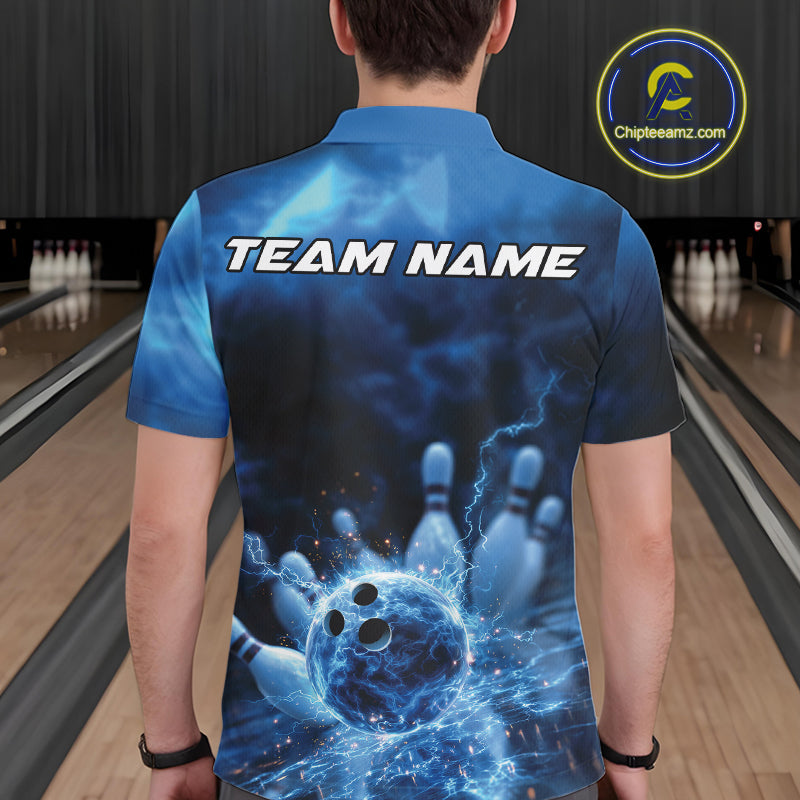 Custom Blue Thunder Lightning Bowling Team Polo Shirts, Bowling Jerseys