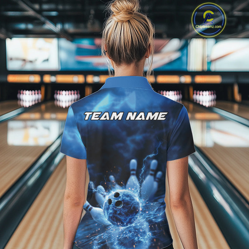 Custom Blue Thunder Lightning Bowling Team Polo Shirts, Bowling Jerseys