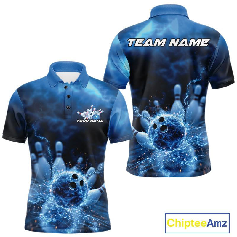 Custom Blue Thunder Lightning Bowling Team Polo Shirts, Bowling Jerseys