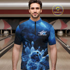Custom Blue Thunder Lightning Bowling Team Quarter-Zip Shirts, Bowling Jerseys