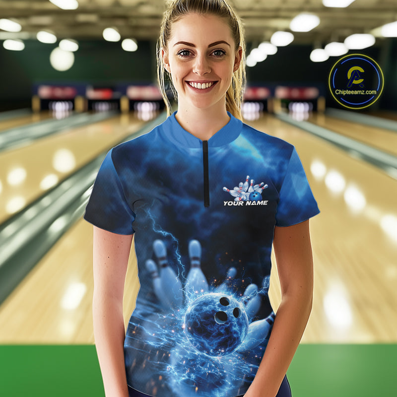 Custom Blue Thunder Lightning Bowling Team Quarter-Zip Shirts, Bowling Jerseys