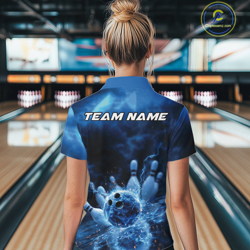Custom Blue Thunder Lightning Bowling Team Quarter-Zip Shirts, Bowling Jerseys
