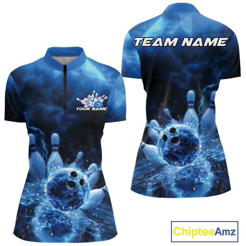 Custom Blue Thunder Lightning Bowling Team Quarter-Zip Shirts, Bowling Jerseys