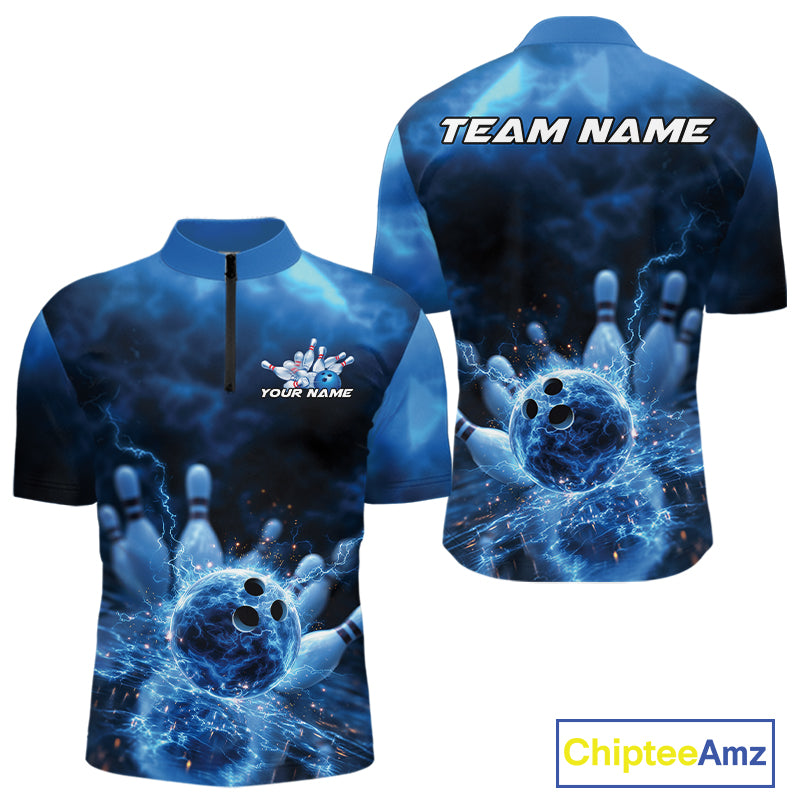 Custom Blue Thunder Lightning Bowling Team Quarter-Zip Shirts, Bowling Jerseys
