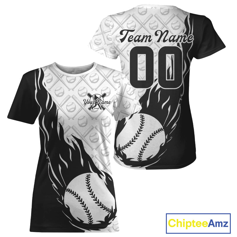 Custom Black And White Flame Baseball Team T-Shirts, Baseball Lovers Team Uniform