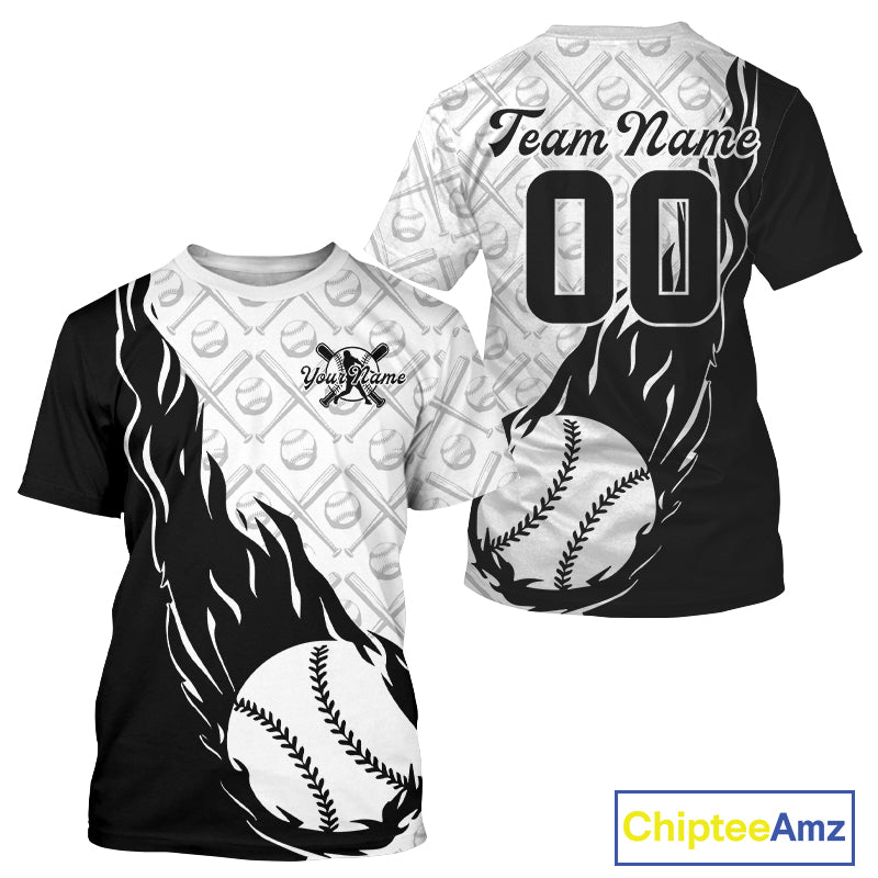Custom Black And White Flame Baseball Team T-Shirts, Baseball Lovers Team Uniform