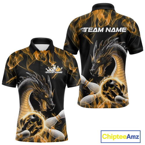 Custom Black And Gold Fire Flame Dragon Bowling Polo Shirt, Dragon Bowling Jersey