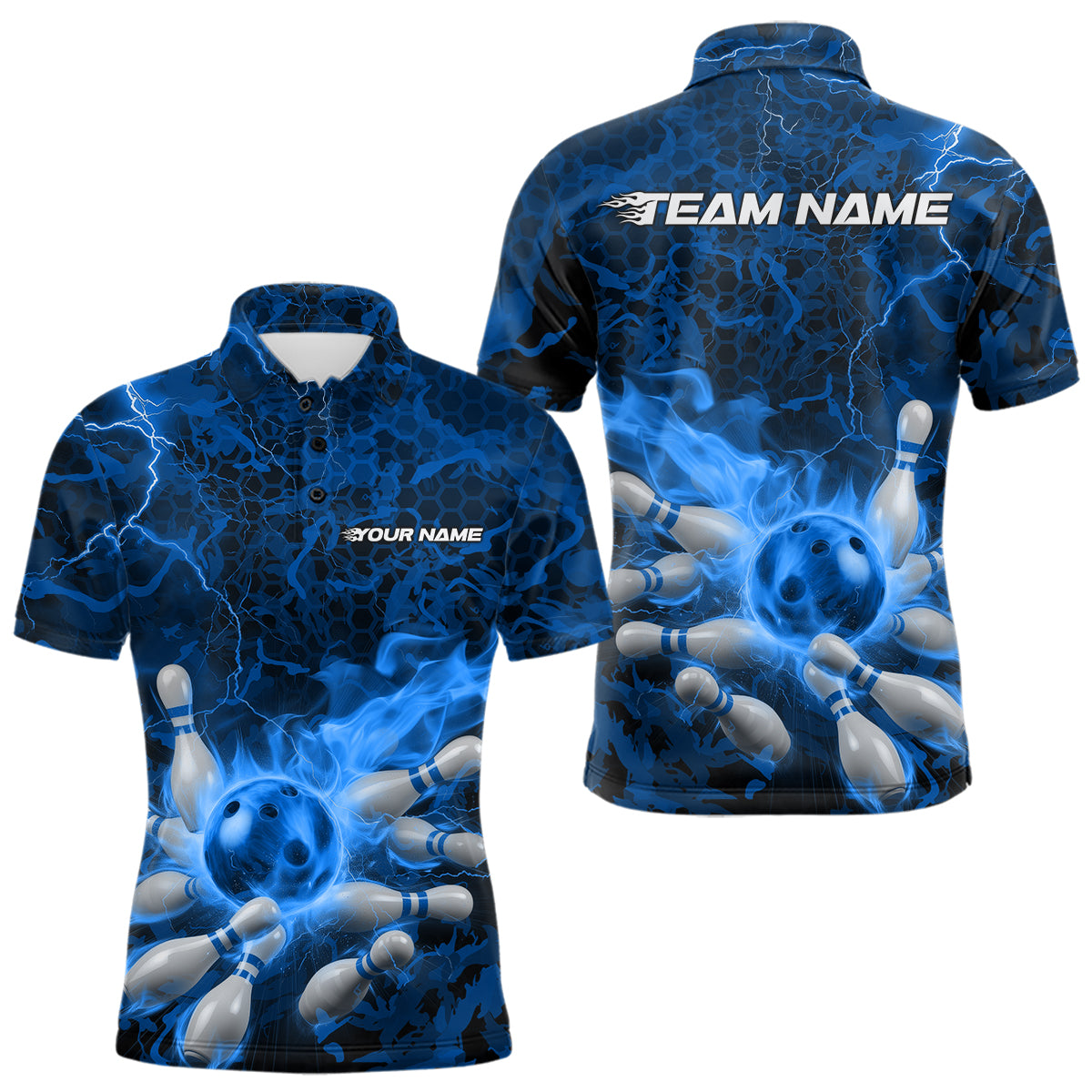 Custom Multi-Color Camo Thunder Lightning Flame Bowling Team Shirts, And