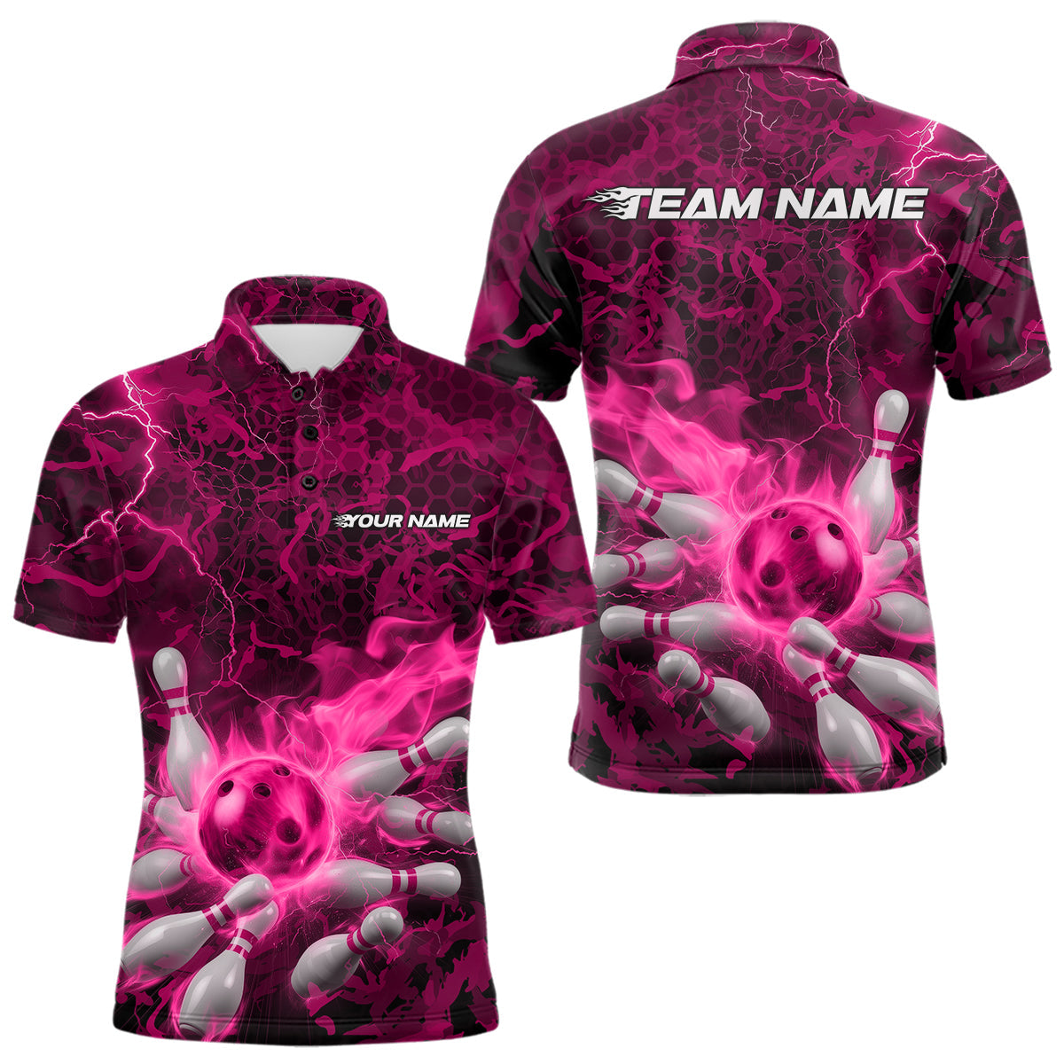 Custom Multi-Color Camo Thunder Lightning Flame Bowling Team Shirts, And