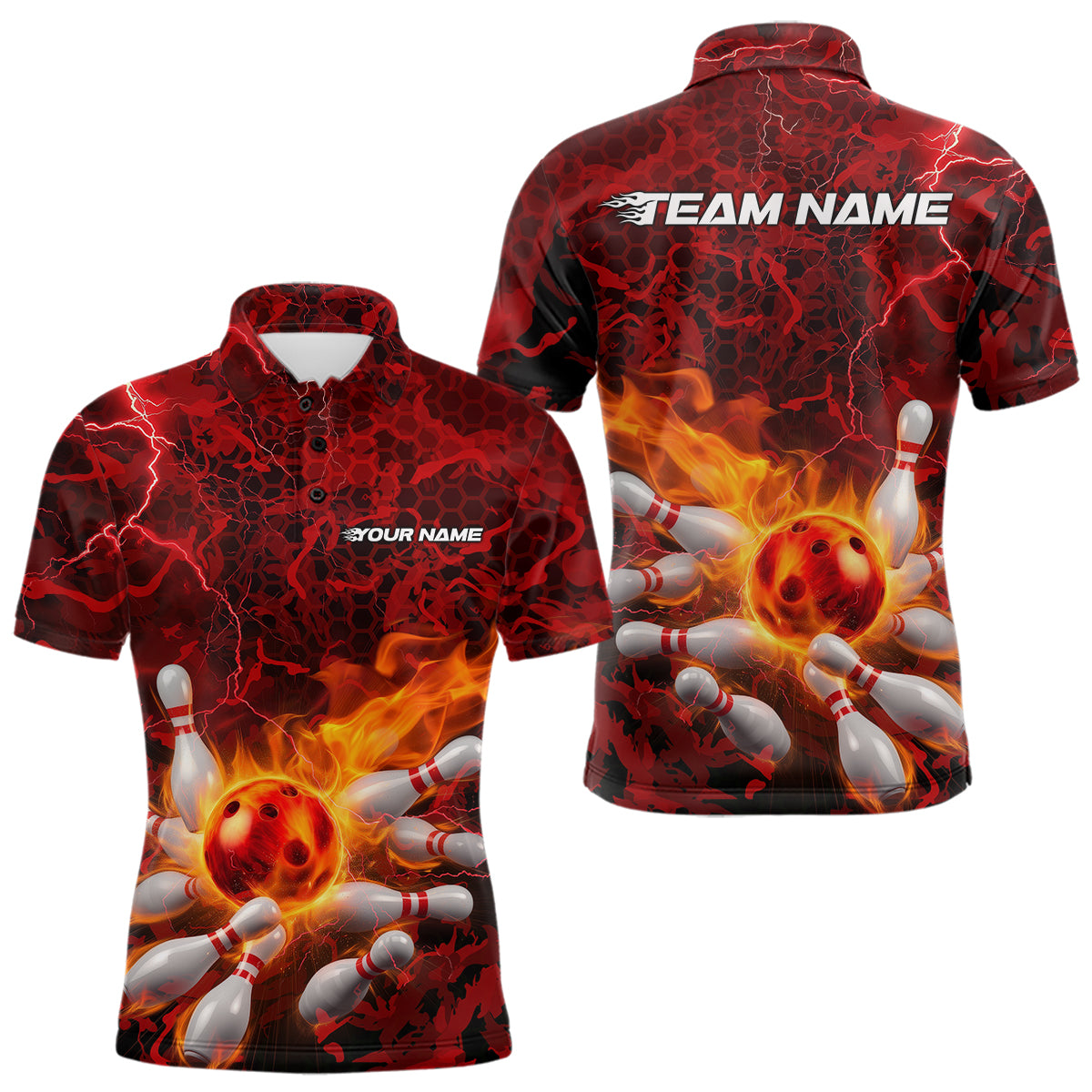 Custom Multi-Color Camo Thunder Lightning Flame Bowling Team Shirts, And