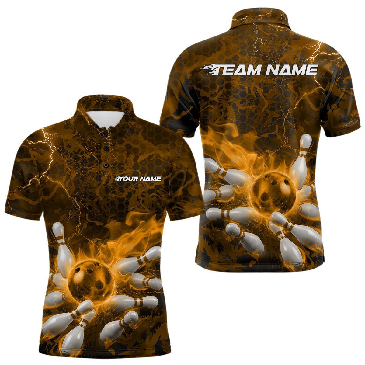 Custom Multi-Color Camo Thunder Lightning Flame Bowling Team Shirts, And