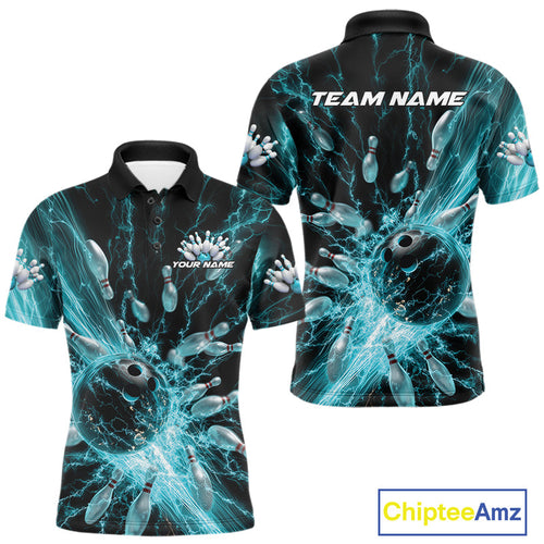 Custom Blue Thunder Lightning Bowling Team Polo Shirts, Bowling Jerseys