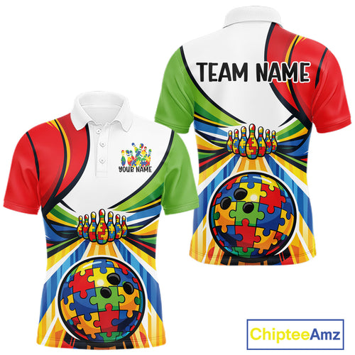Custom Autism Awareness Bowling Polo Shirts, Colorful Puzzles Bowling Team Shirt
