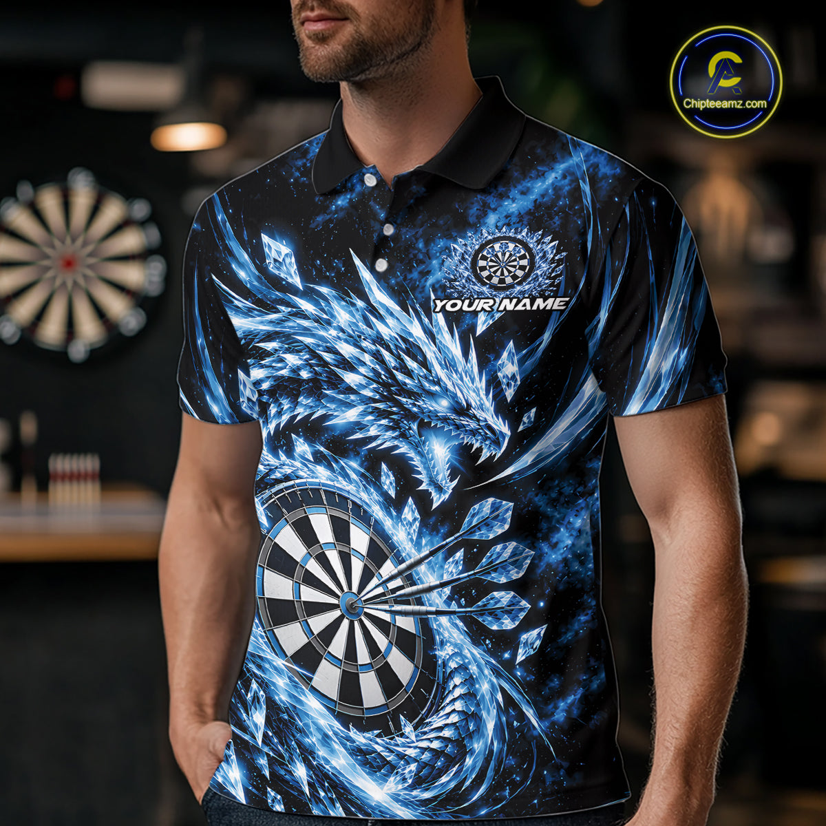 Custom Icy Blue Cyrstal Ice Dragon Dart Team Polo Shirt, Dart Player Jersey