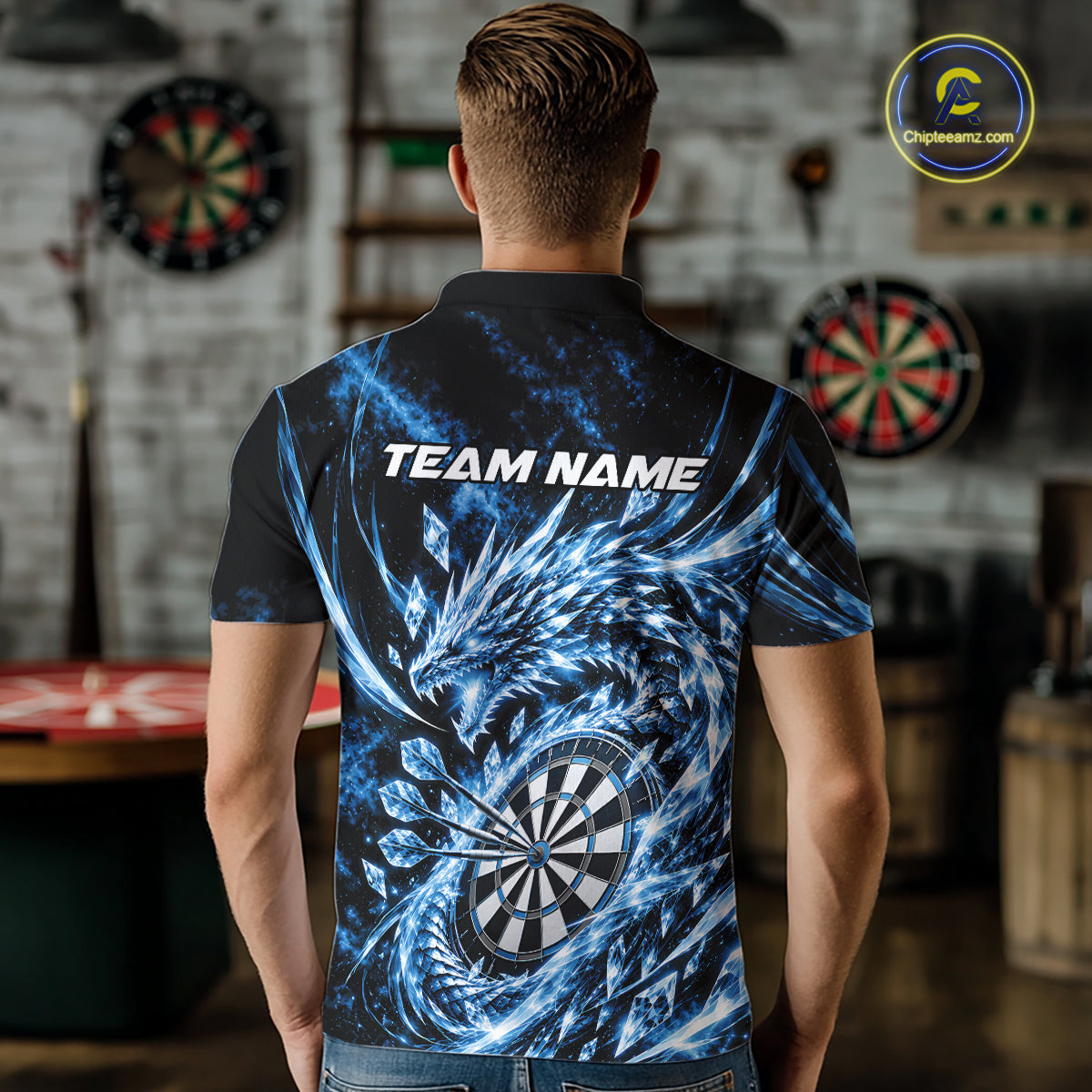 Custom Icy Blue Cyrstal Ice Dragon Dart Team Polo Shirt, Dart Player Jersey