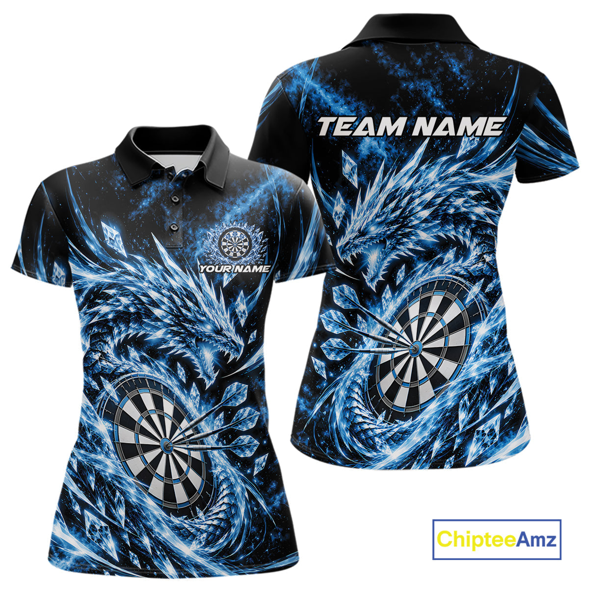Custom Icy Blue Cyrstal Ice Dragon Dart Team Polo Shirt, Dart Player Jersey