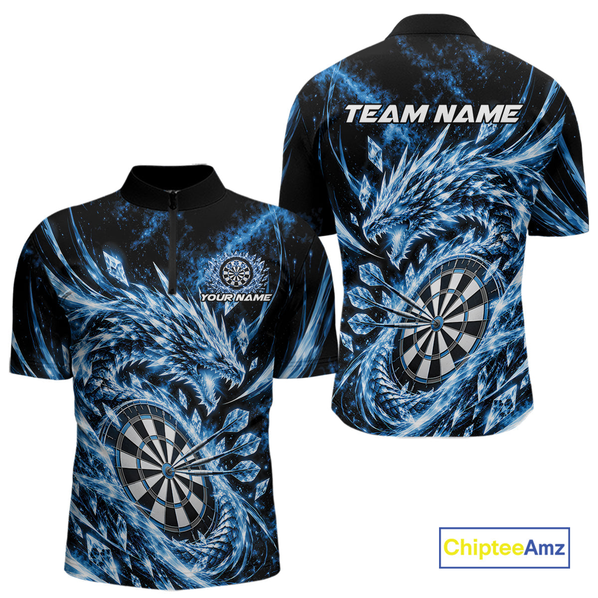 Custom Icy Blue Cyrstal Ice Dragon Dart Team Quarter Zip Shirt, Dart Player Jersey