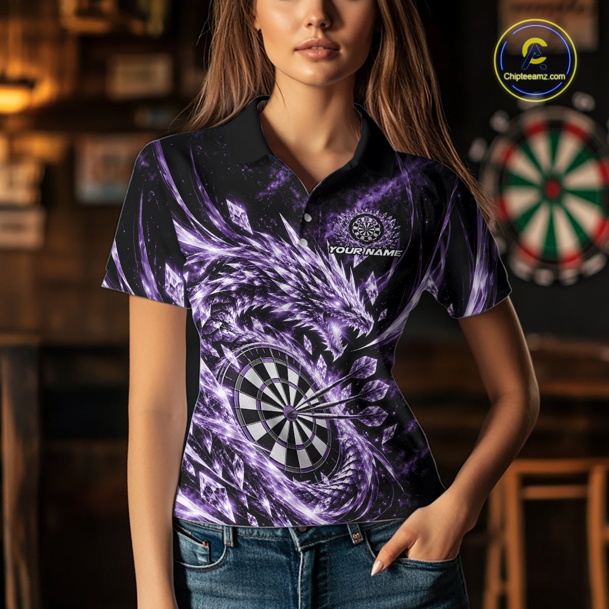 Custom Icy Purple Cyrstal Ice Dragon Dart Team Polo Shirt, Dart Player Jersey