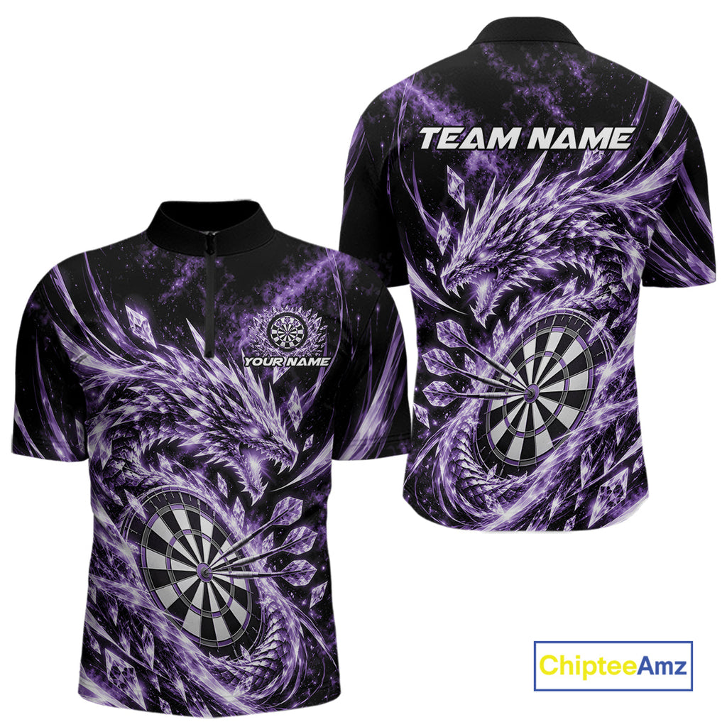 Custom Icy Purple Cyrstal Ice Dragon Dart Team Quarter Zip Shirt, Dart Player Jersey