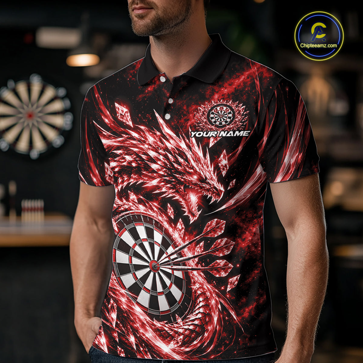 Custom Icy Red Cyrstal Ice Dragon Dart Team Polo Shirt, Dart Player Jersey