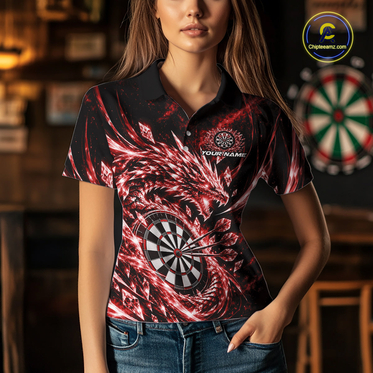 Custom Icy Red Cyrstal Ice Dragon Dart Team Polo Shirt, Dart Player Jersey