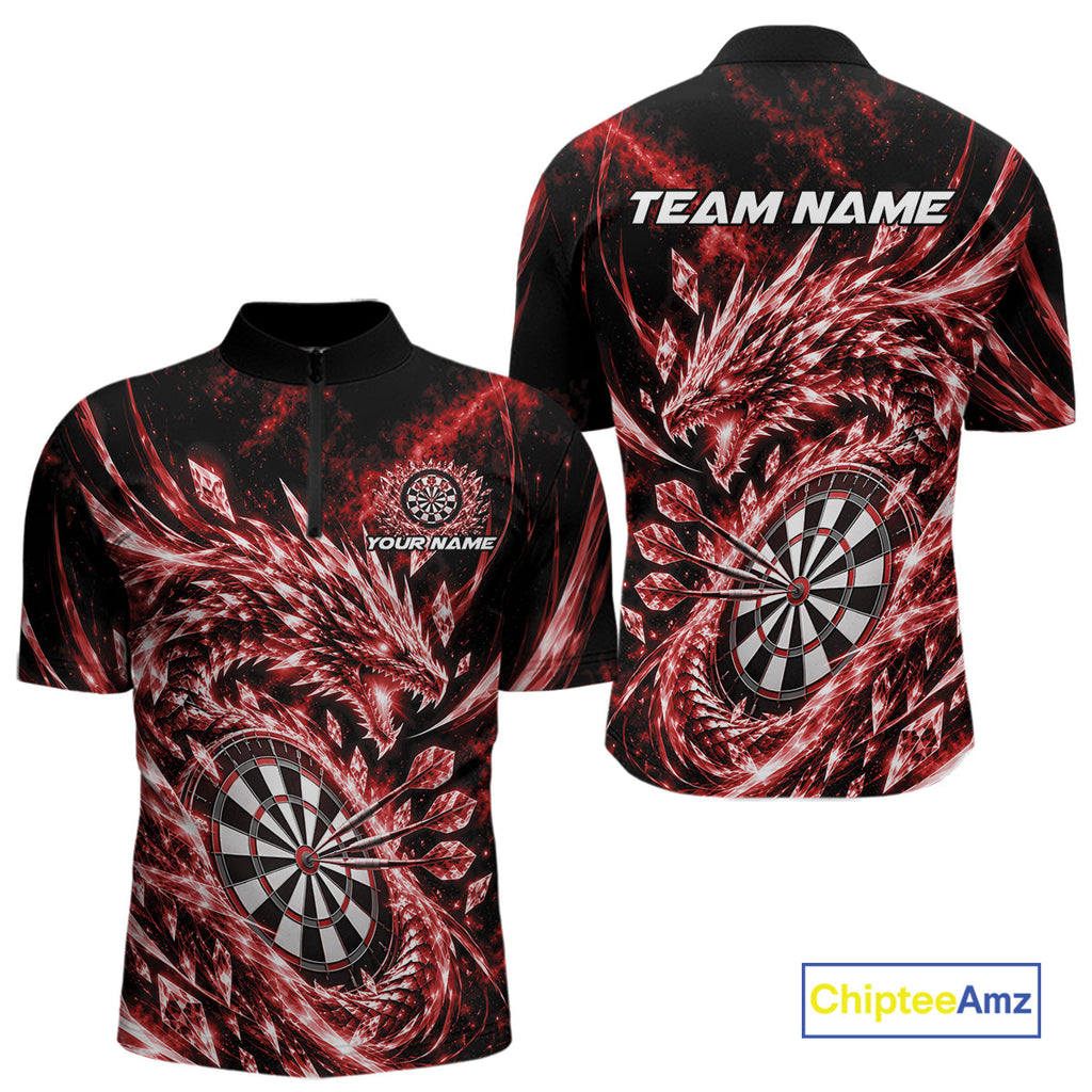 Custom Icy Red Cyrstal Ice Dragon Dart Team Quarter Zip Shirt, Dart Player Jersey