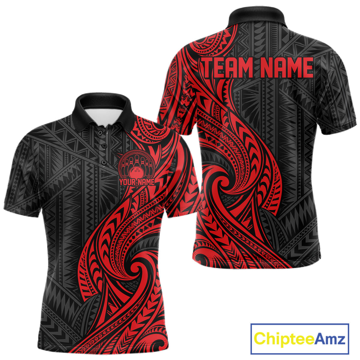 Custom Black And Red Tribal Bowling Polo Shirt, Bowling Team League Shirt