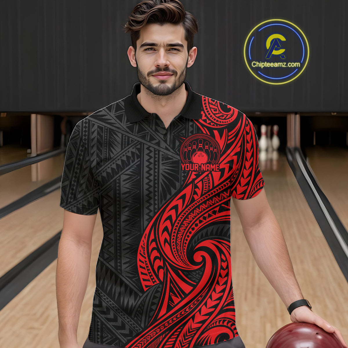 Custom Black And Red Tribal Bowling Polo Shirt, Bowling Team League Shirt