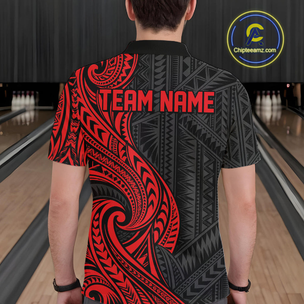 Custom Black And Red Tribal Bowling Polo Shirt, Bowling Team League Shirt